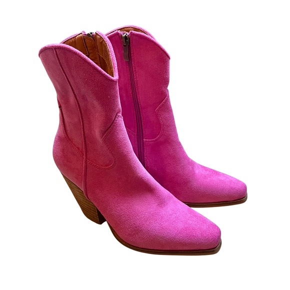 BEAST FASHION Fuschia Pink Faux Suede Western Ankle Boots Side Zip Womens Size 6 - Picture 8 of 9